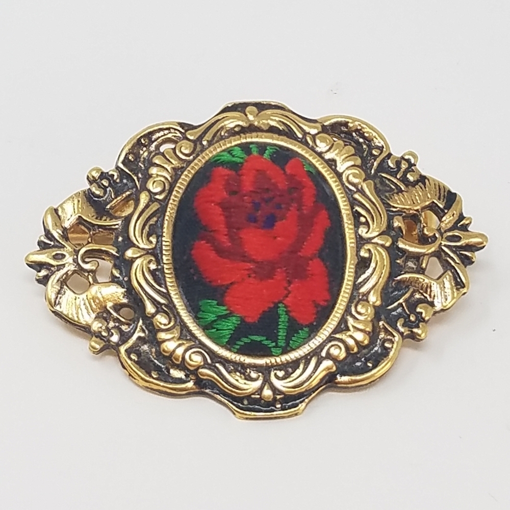 Vtg Byblos brooch Art Nouveau style metal needlepoint rose pin Florentine